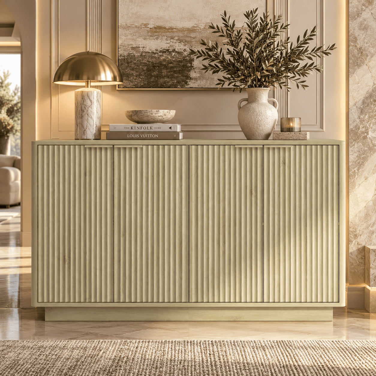 PORKISS 55.1" Fluted Sideboard, Modern Wood Buffet Cabinet with Storage, Accent Cabinet with Adjustable Shelves for Dining Room, Living Room & Entryway, Wood