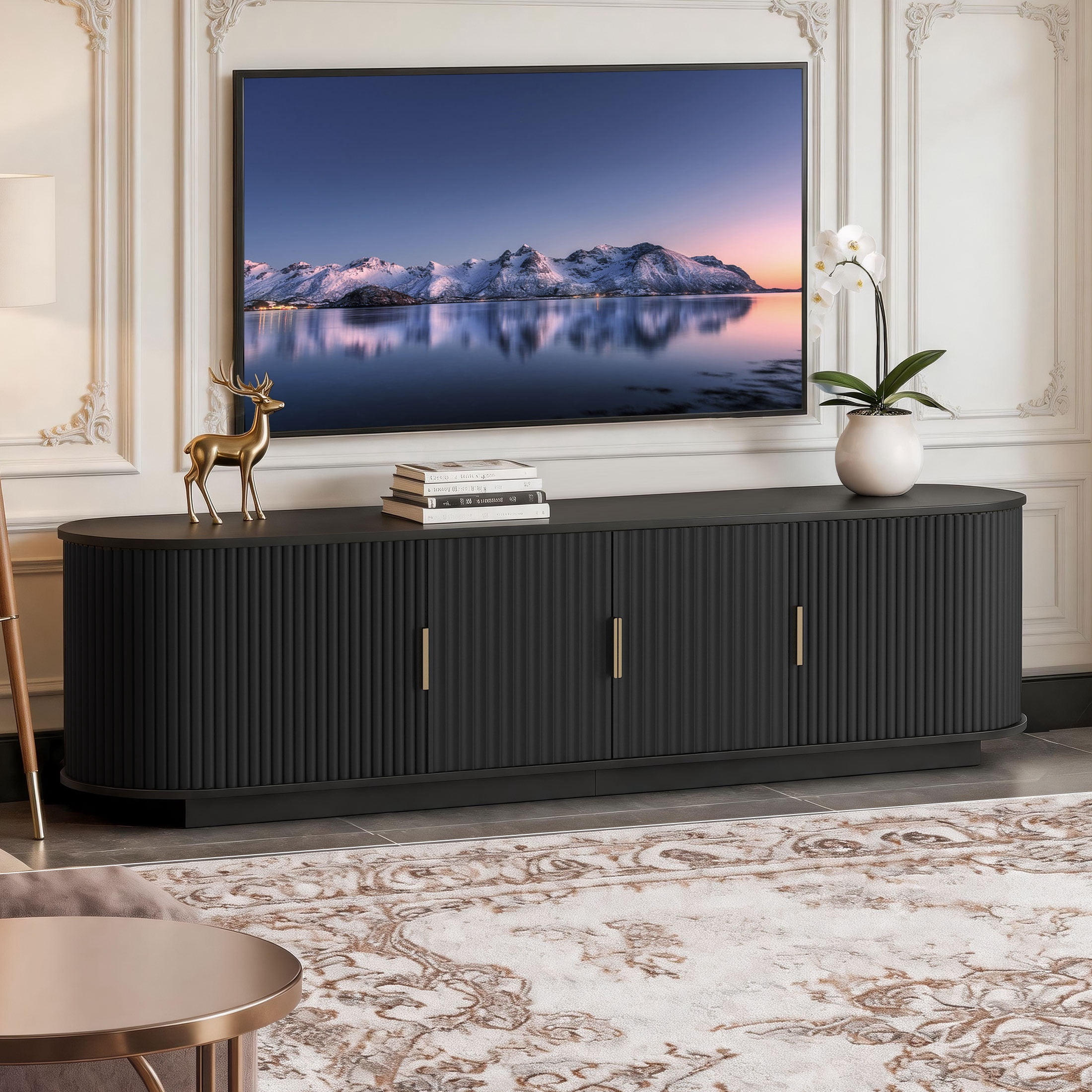 PORKISS Modern Fluted TV Stand for 75 Inch TV, Wood Entertainment Center with Tambour Sliding Doors, TV Console with Storage Cabinet, Media Console Table for Living Room Bedroom, Black