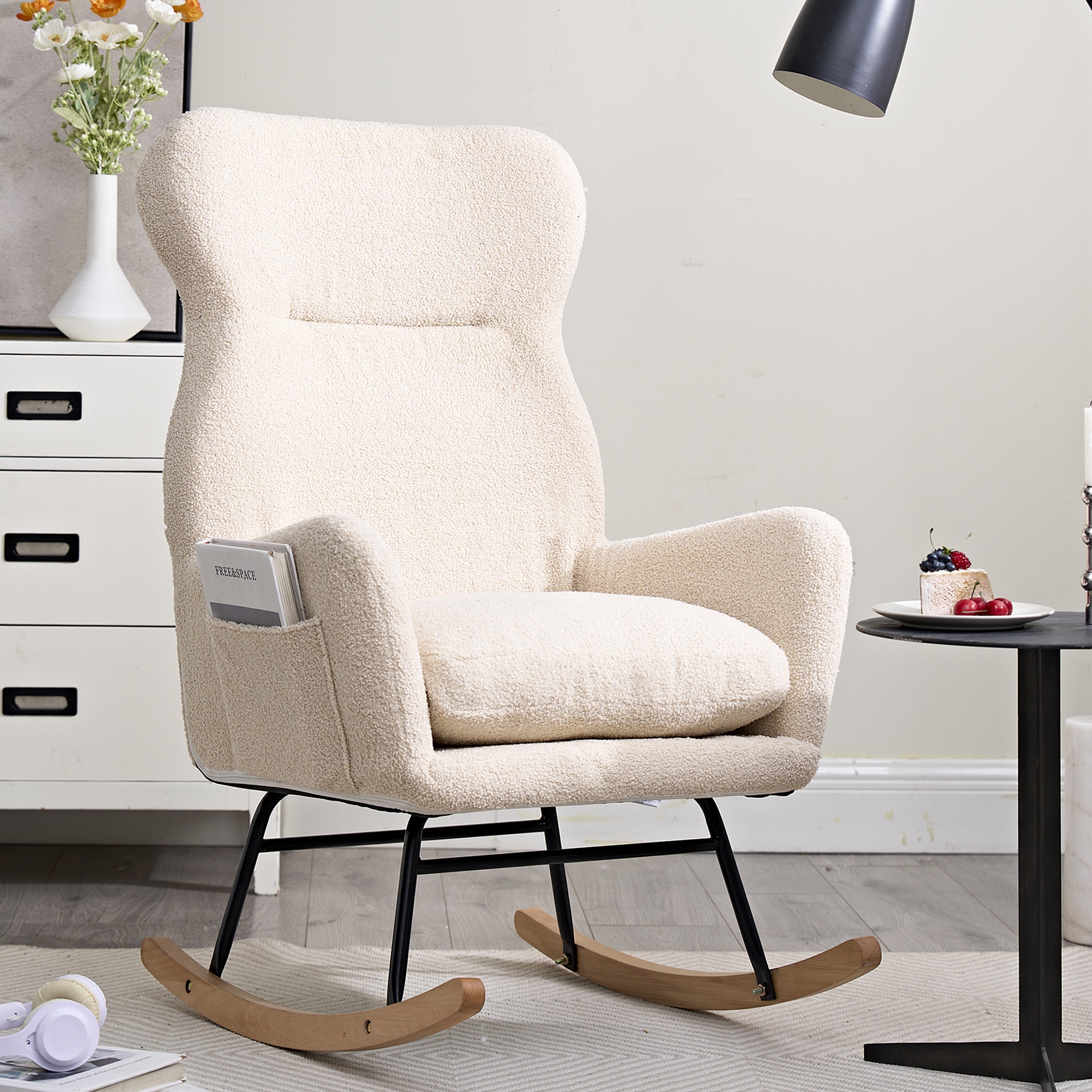 PORKISS Modern Rocking Chair, Upholstered Teddy Fabric Accent Chairs with High Backrest, Glider Rocker Comfortable Armchair with Padded Seat for Living Room Bedroom Playroom, Ivory
