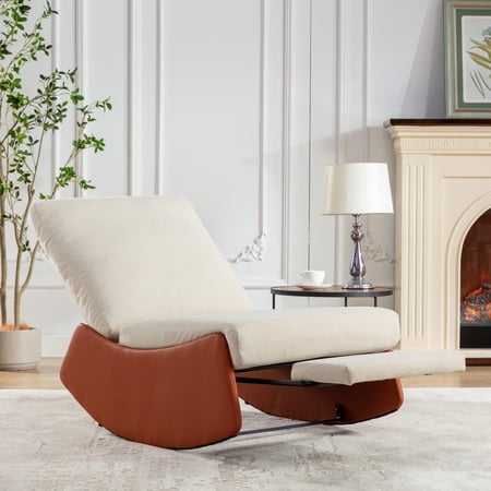 PORKISS Modern Rocking Chair with Footrest, Upholstered Glider Rocker Nursery Rocking Accent Vanity Chair Lounge Chair for Living Room Bedroom Playroom, Orange + White