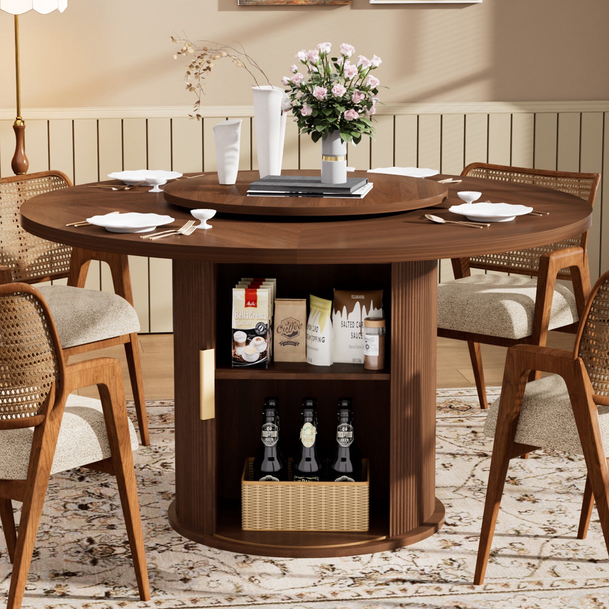 PORKISS Modern Round Dining Table, 55 Inch Circle Kitchen Tables for 6 with Double-tiered Storage Rack and Rotating Tabletop Tray, Wood Strip Base, Farmhouse Table for Kitchen, Dining Room, Walnut