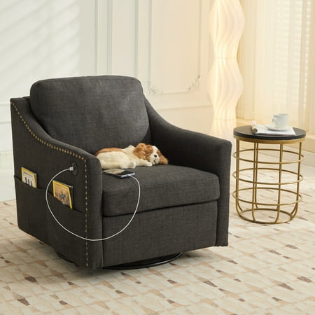 PORKISS Modern Swivel Accent Chair, 360 Rotating with USB & Magazine Pockets, Dark Gray