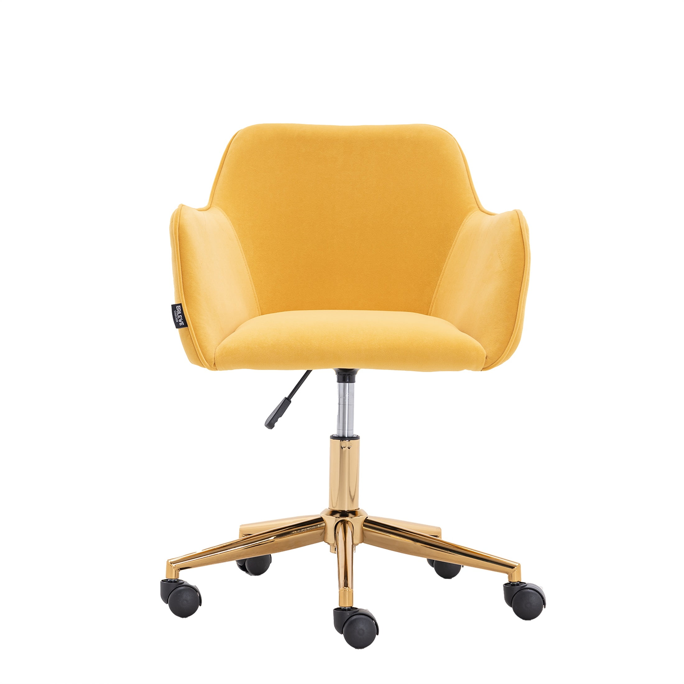PORKISS Modern Velvet Fabric Office Chair, Height Adjustable 360° Swivel with Gold Metal Legs and Wheels, Yellow