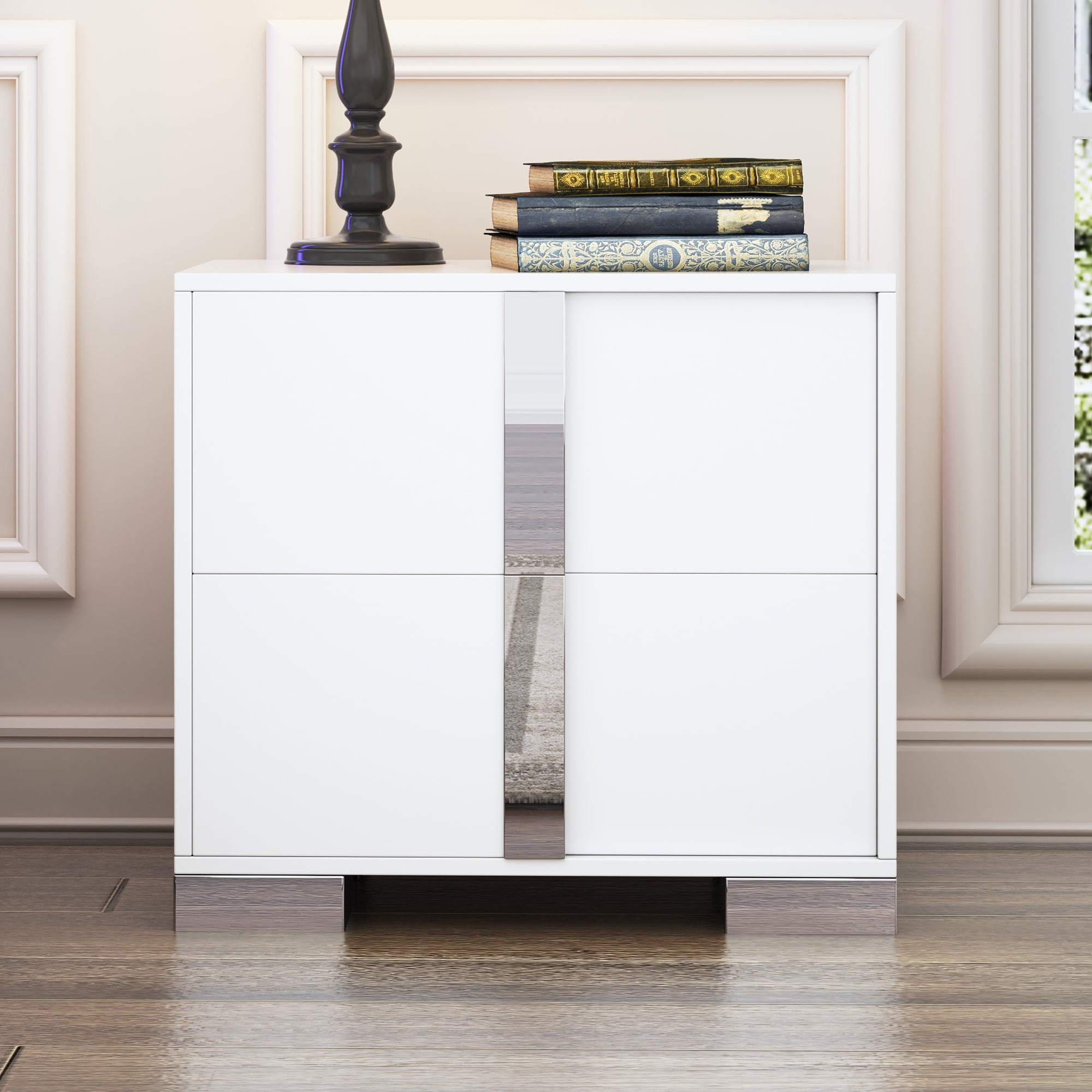 PORKISS Nightstand, Wood Side Table with 2 Drawers, Modern Mirrored Beside Table with Metal Handle for Bedroom, Living Room, White