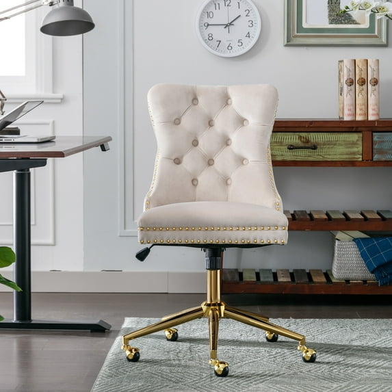 PORKISS Office Chair, Velvet Upholstered Home Office Chair with Gold Metal Base, Adjustable Swivel Desk Chair with Tufted Button, Beige