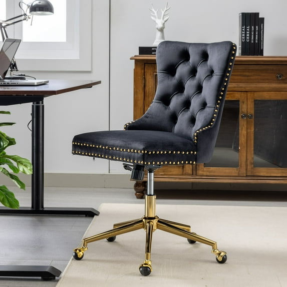 PORKISS Office Chair, Velvet Upholstered Home Office Chair with Gold Metal Base, Adjustable Swivel Desk Chair with Tufted Button, Black