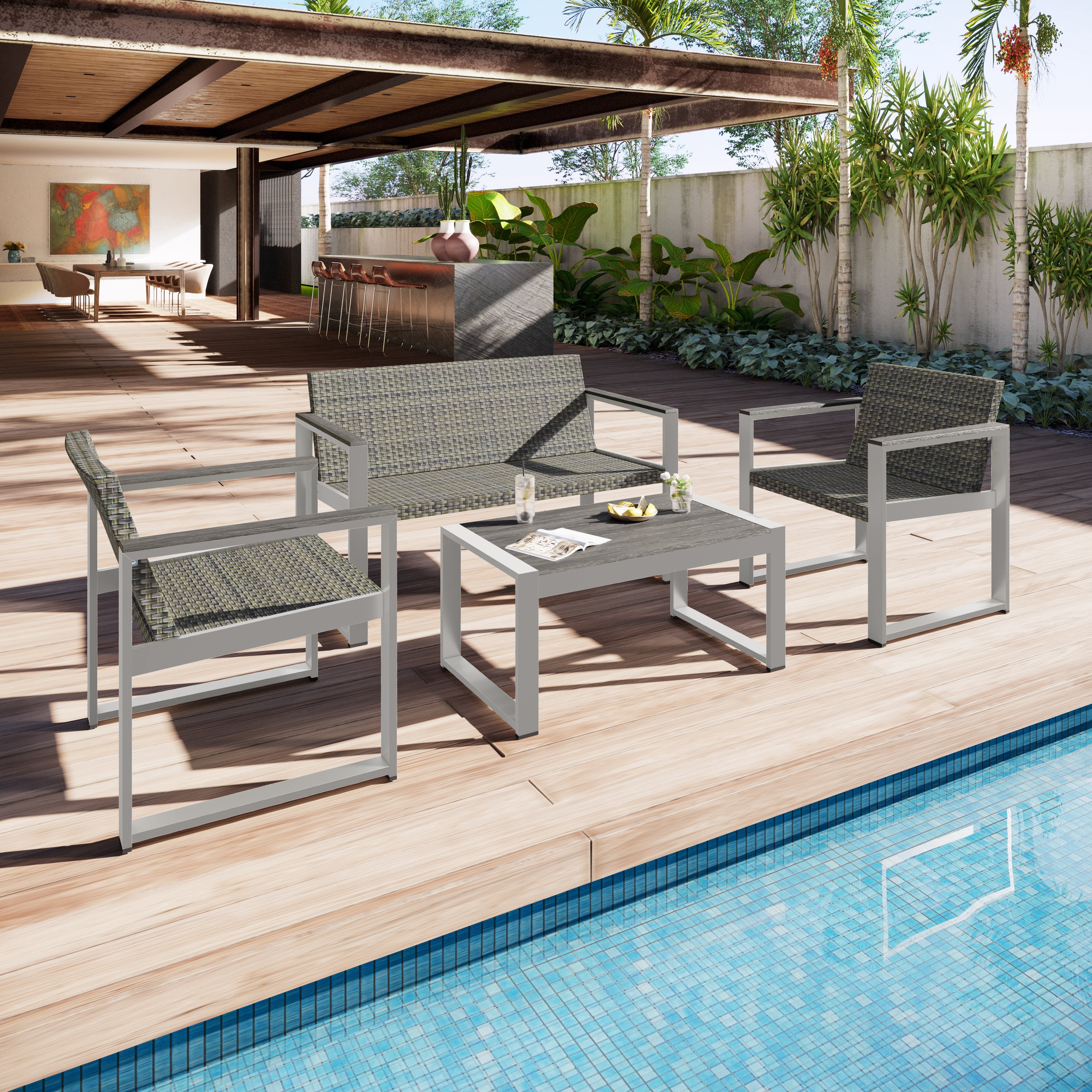 PORKISS Outdoor Patio Furniture Set, Aluminum and Rattan 4 Piece Sofa Seating Group with Cushion and Table, Modern Conversation Set for Garden, Pool, Gray/Silver