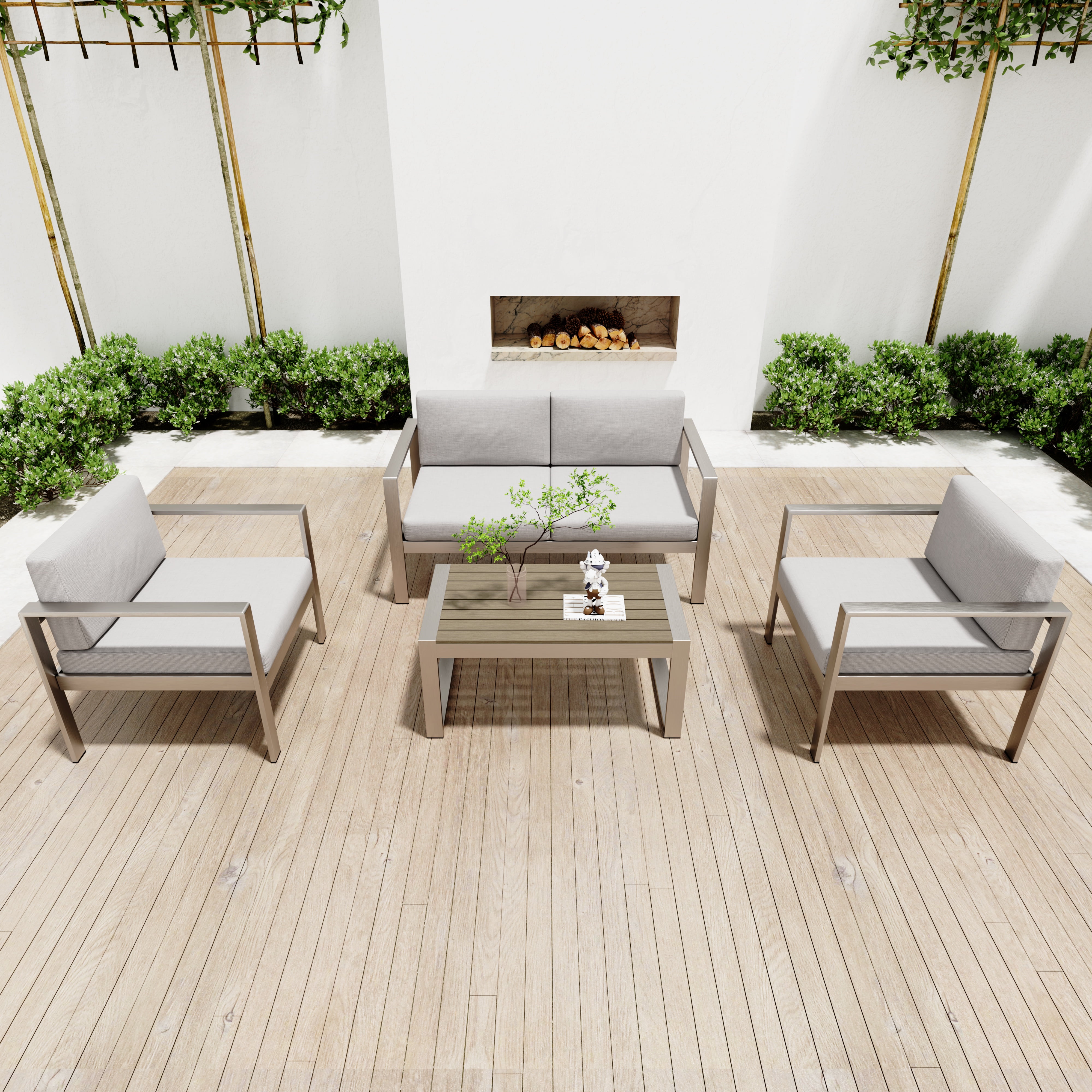 PORKISS Outdoor Patio Furniture Set, Modern 4 Piece Conversation Set with Table and Seats, Aluminum Sectional Sofa Sate Group for Garden, Gray/Silver