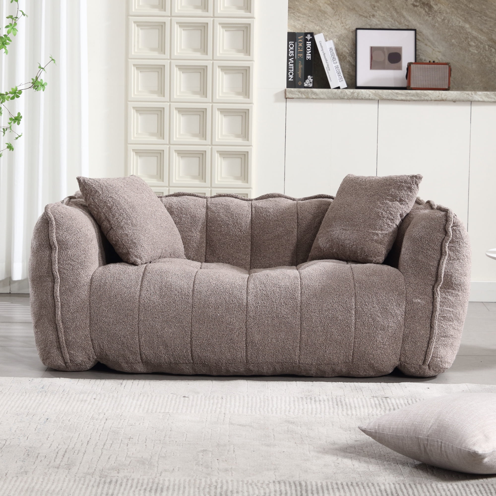 PORKISS Oversized Bean Bag Chair with 2 Pillows, Giant Large Loveseat Bean Bag Chair Couch for Adults Teens, Chenille Fabric Sofa, Brown
