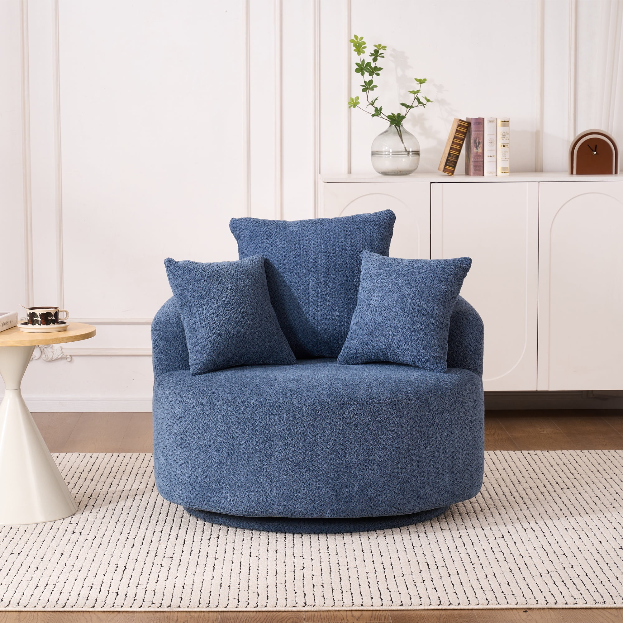 PORKISS Oversized Swivel Accent Chair Barrel Chair, Crochet Yarn Upholstered Armchair with 3 Pillows, Round Armchair Leisure Sofa Chair for Living Room Office Lounge Hotel, Blue