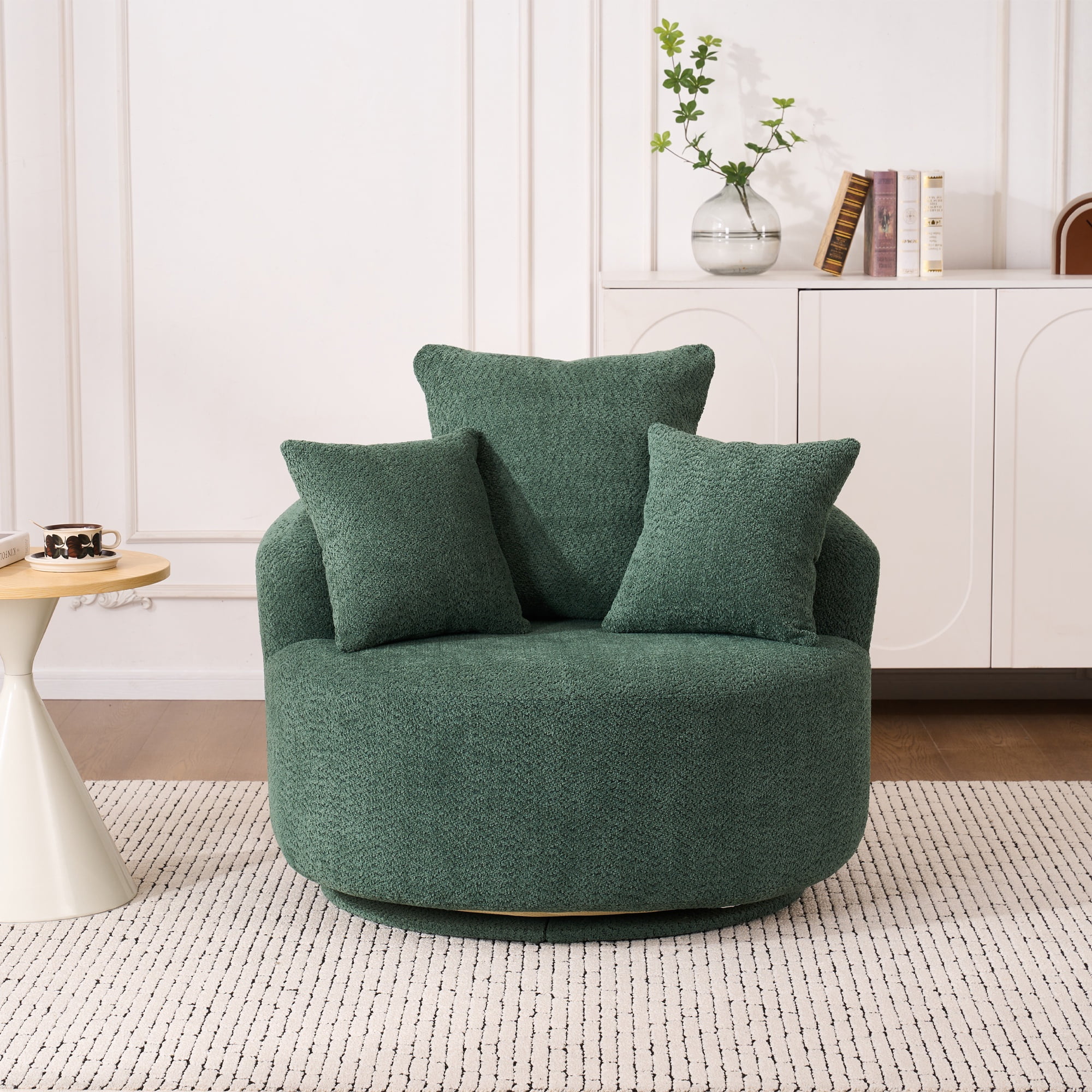 PORKISS Oversized Swivel Accent Chair Barrel Chair, Crochet Yarn Upholstered Armchair with 3 Pillows, Round Armchair Leisure Sofa Chair for Living Room Office Lounge Hotel, Green