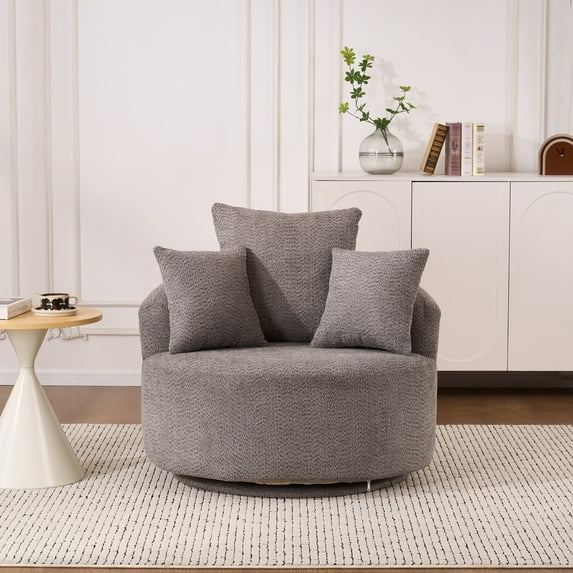 PORKISS Oversized Swivel Accent Chair Barrel Chair, Crochet Yarn Upholstered Armchair with 3 Pillows, Round Armchair Leisure Sofa Chair for Living Room Office Lounge Hotel, Gray