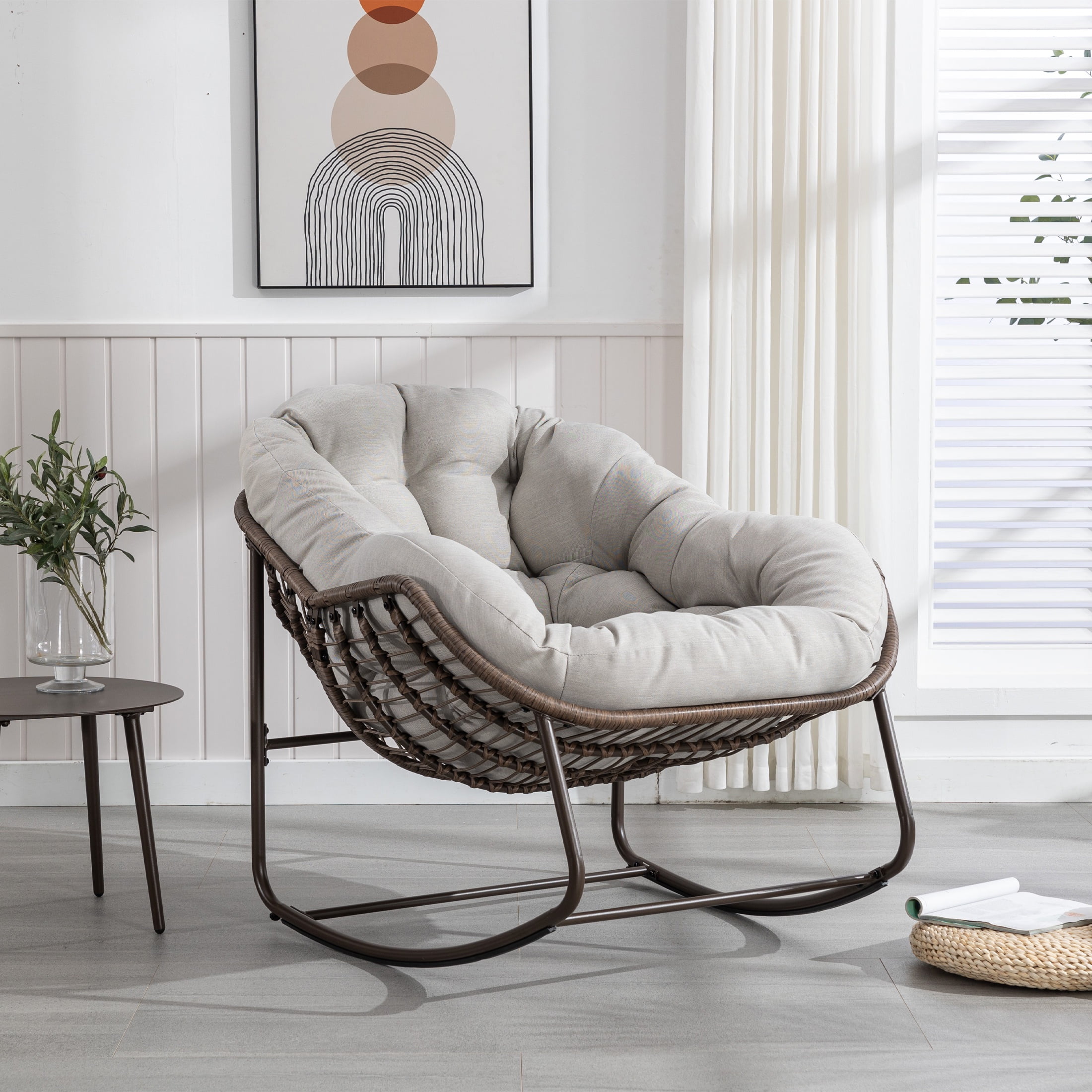 PORKISS Papasan Rocking Chair Indoor and Outdoor, Patio Rocker Recliner ...