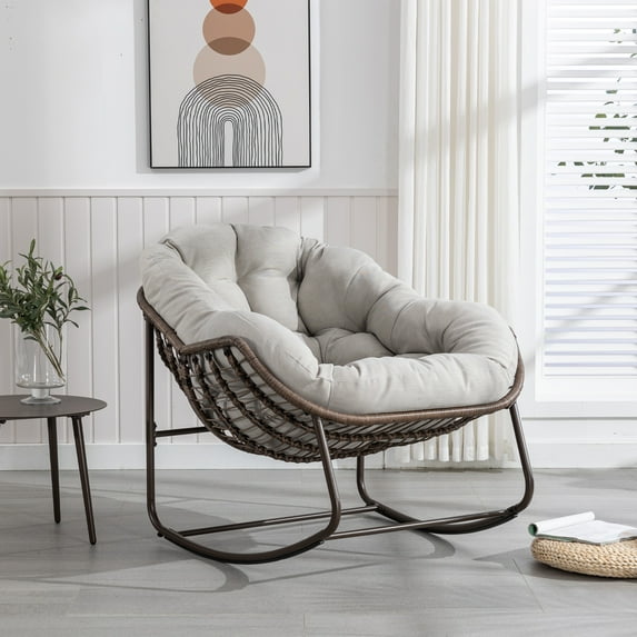 PORKISS Papasan Rocking Chair Indoor and Outdoor, Patio Rocker Recliner Chair with Padded Cushion, Modern Lounge Egg Chair with Steel, Rattan Frame, Beige