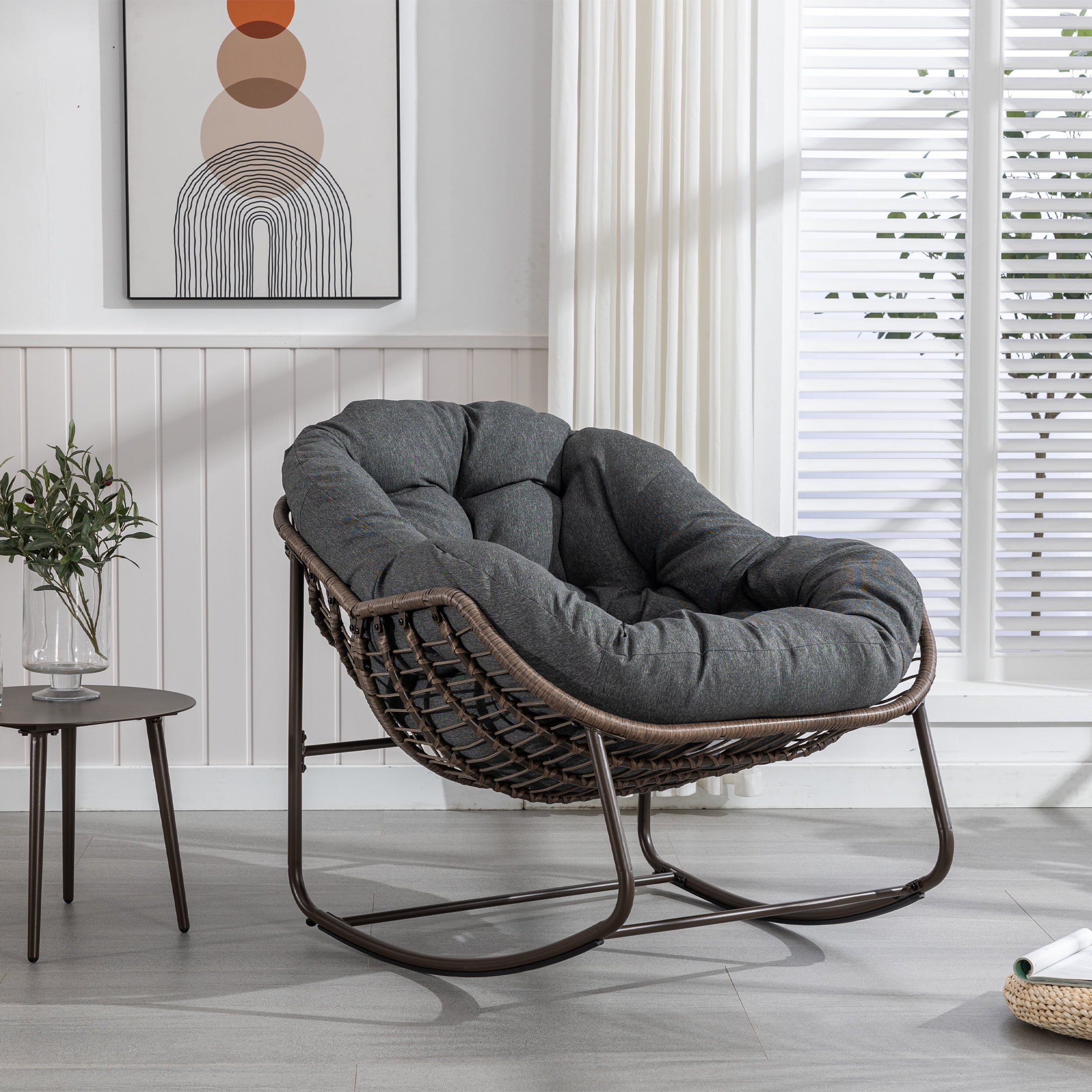 PORKISS Papasan Rocking Chair Indoor and Outdoor, Patio Rocker Recliner ...