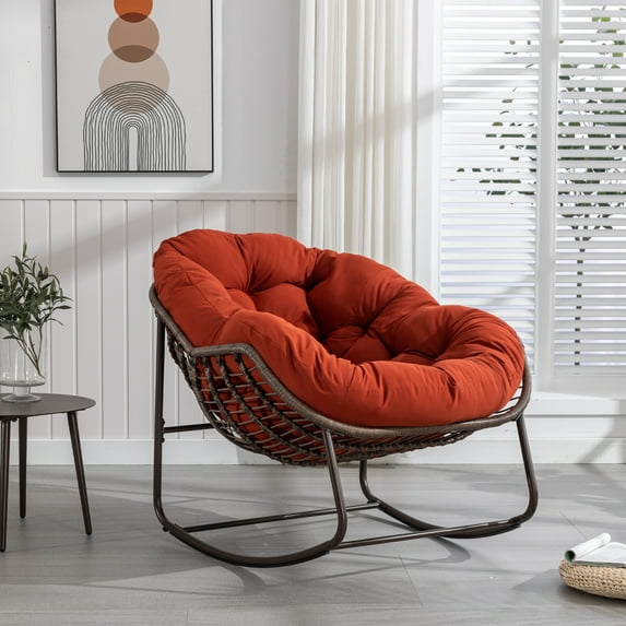 PORKISS Papasan Rocking Chair Indoor and Outdoor, Patio Rocker Recliner Chair with Padded Cushion, Modern Lounge Egg Chair with Steel, Rattan Frame, Orange