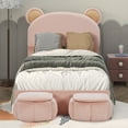 thumbnail image 1 of PORKISS Twin Size Bed, Upholstered Bed with Cartoon Bear Ears Shaped Headboard, Soft Velvet Princess Platform Bed Frame with 2 Storage Stools, No Box Spring Needed, Pink, 1 of 9