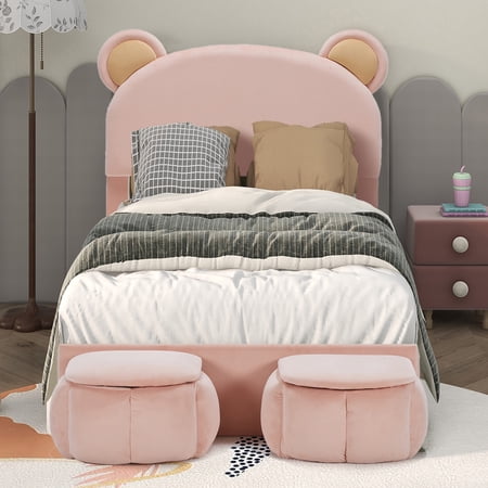 PORKISS Twin Size Bed, Upholstered Bed with Cartoon Bear Ears Shaped Headboard, Soft Velvet Princess Platform Bed Frame with 2 Storage Stools, No Box Spring Needed, Pink
