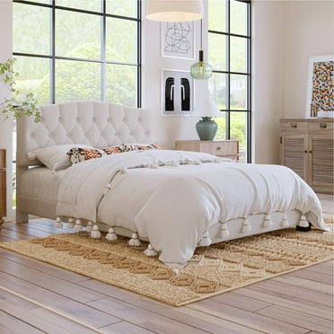 PORKISS Queen Size Bed Frame Upholstered Platform with Headboard and Wood Slats Support, Beige