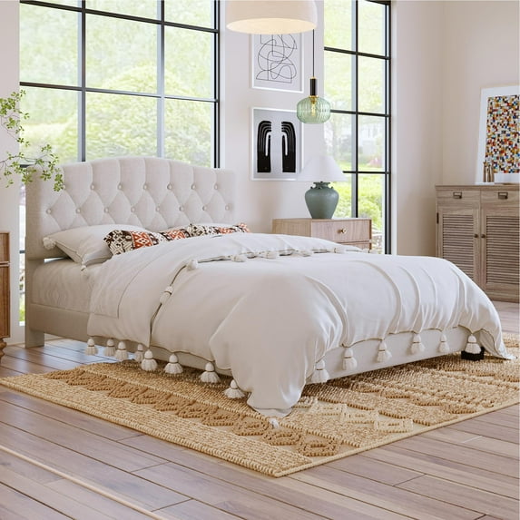 PORKISS Queen Size Bed Frame Upholstered Platform with Headboard and Wood Slats Support, Beige