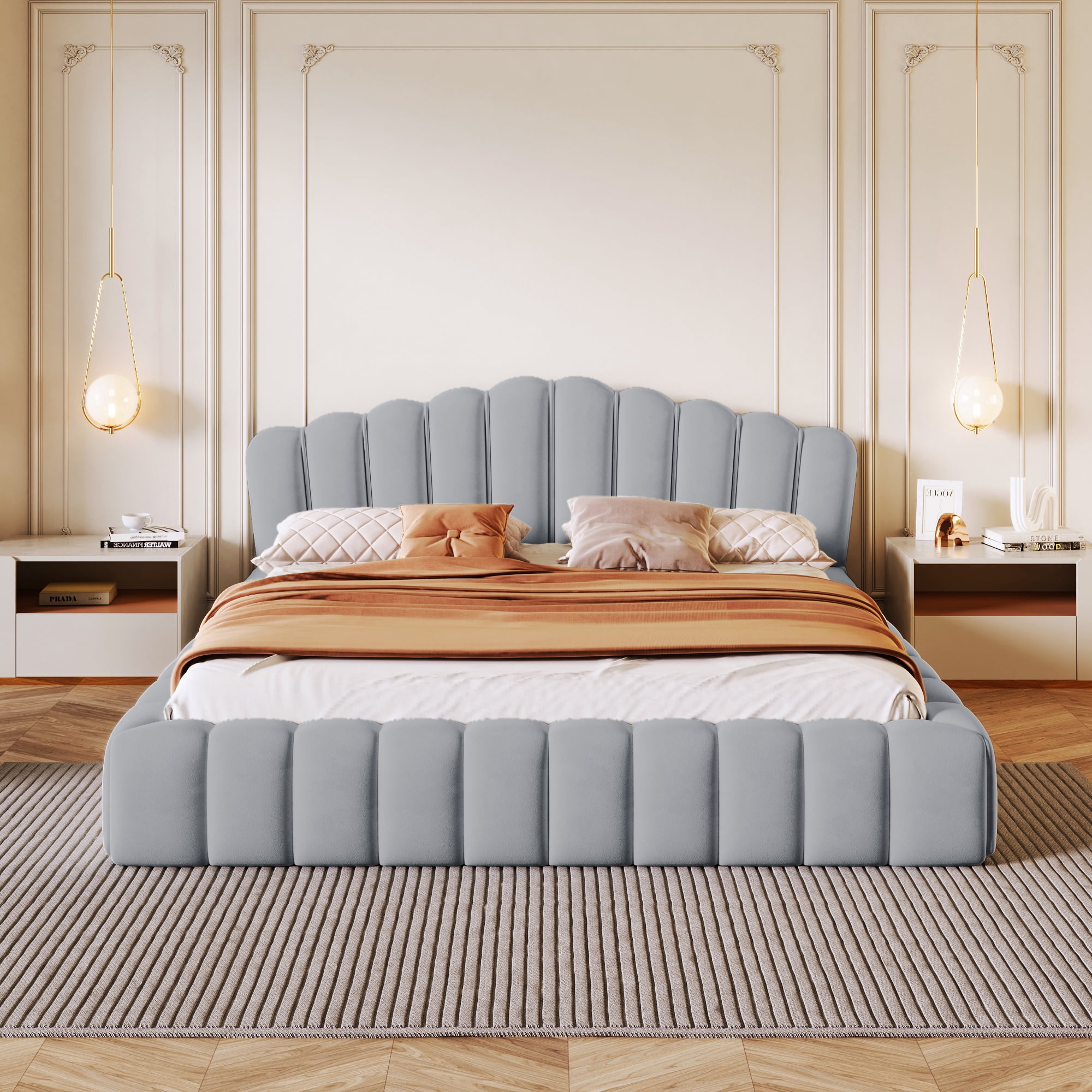 PORKISS Queen Bed Frame, Wood Platform Bed with Velvet Upholstered and Shell-Shaped Headboard, Modern Bed Frame for Adults, Bedroom, No Box Spring Needed, Light Blue
