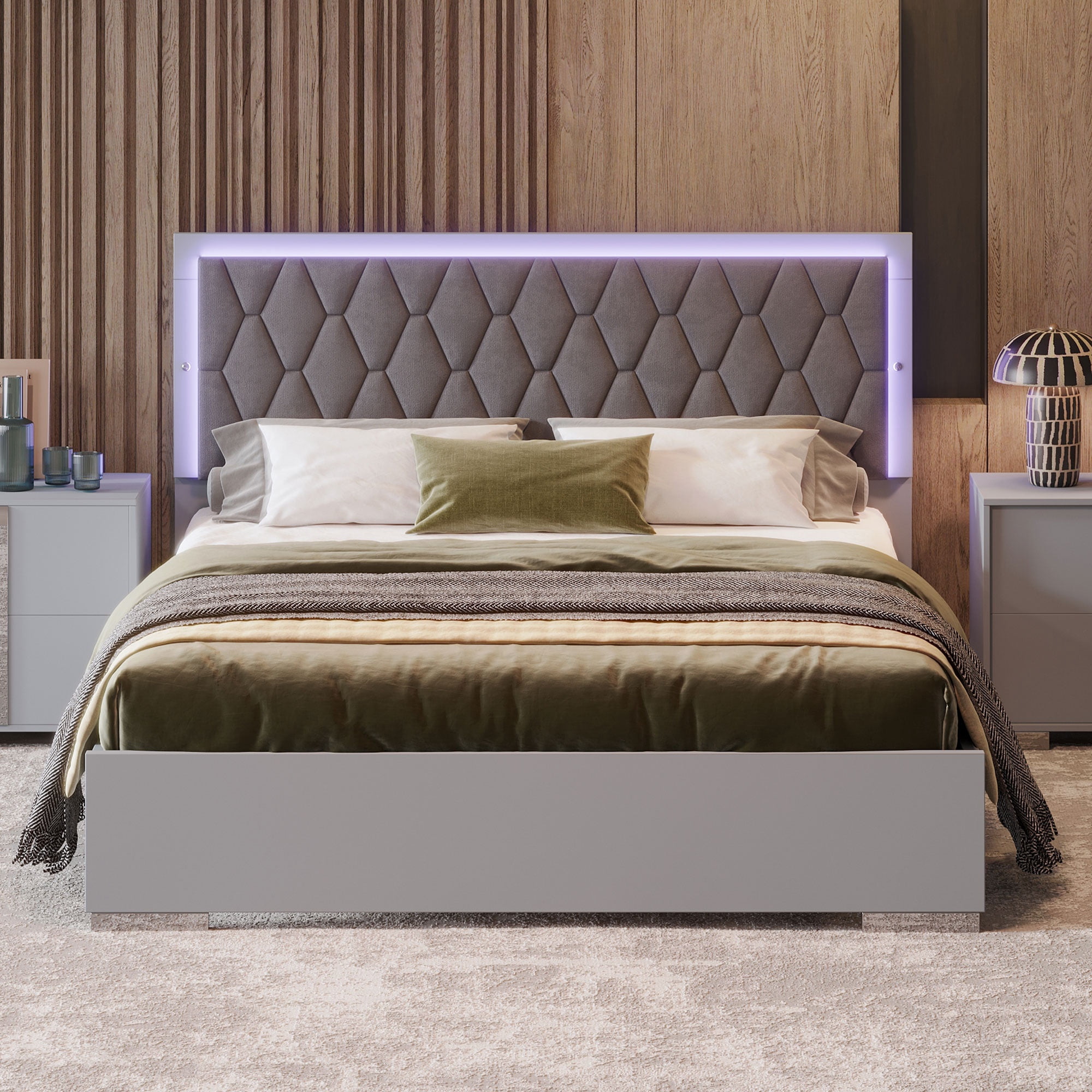 PORKISS Queen Size Bed Frame, Modern Upholstered Bed with LED Light, Wood Platform Bed with with Velvet Headboard, Grey