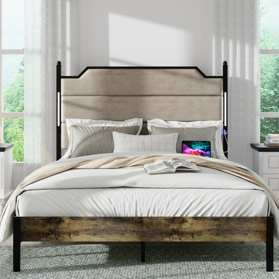 PORKISS Queen Bed Frame with Headboard, Queen Size Upholstered Platform Bed Frame for Adult, Gray