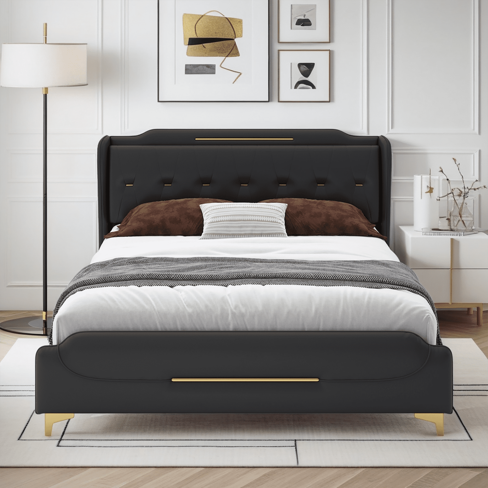 PORKISS Queen Size Bed Frame with PU Leather Upholstered Headboard, No Box Spring Needed, Black