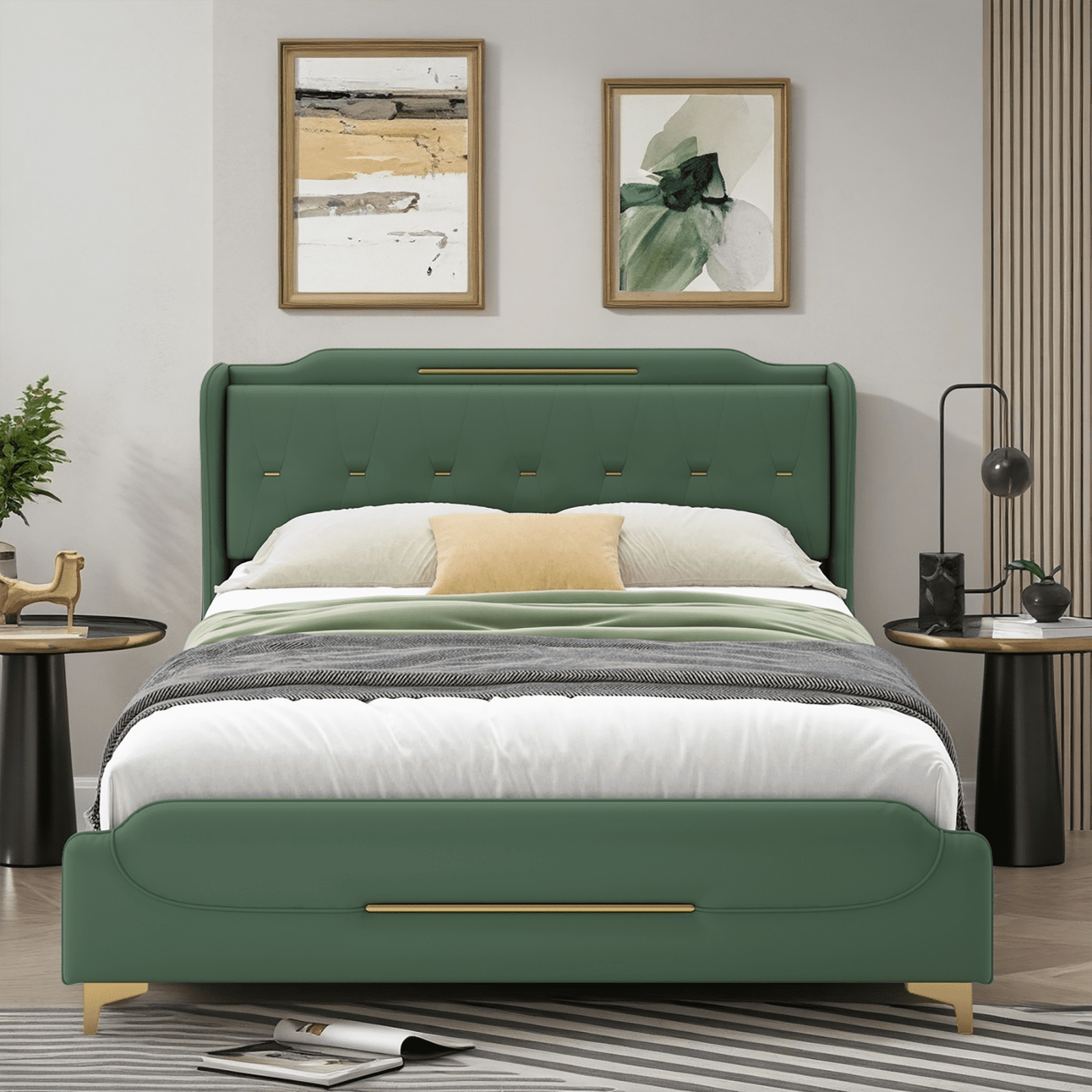 PORKISS Queen Size Bed Frame with PU Leather Upholstered Headboard, No Box Spring Needed, Green