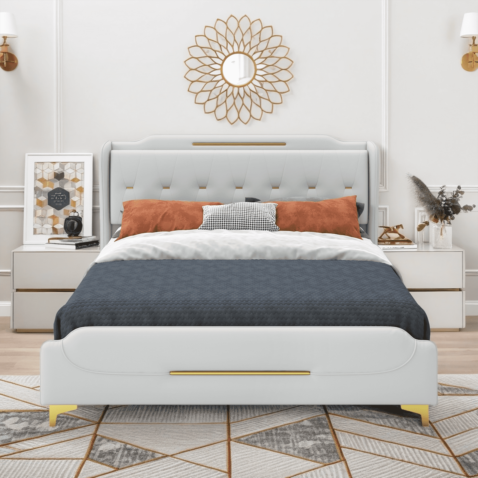 PORKISS Queen Size Bed Frame with PU Leather Upholstered Headboard, No Box Spring Needed, Grey
