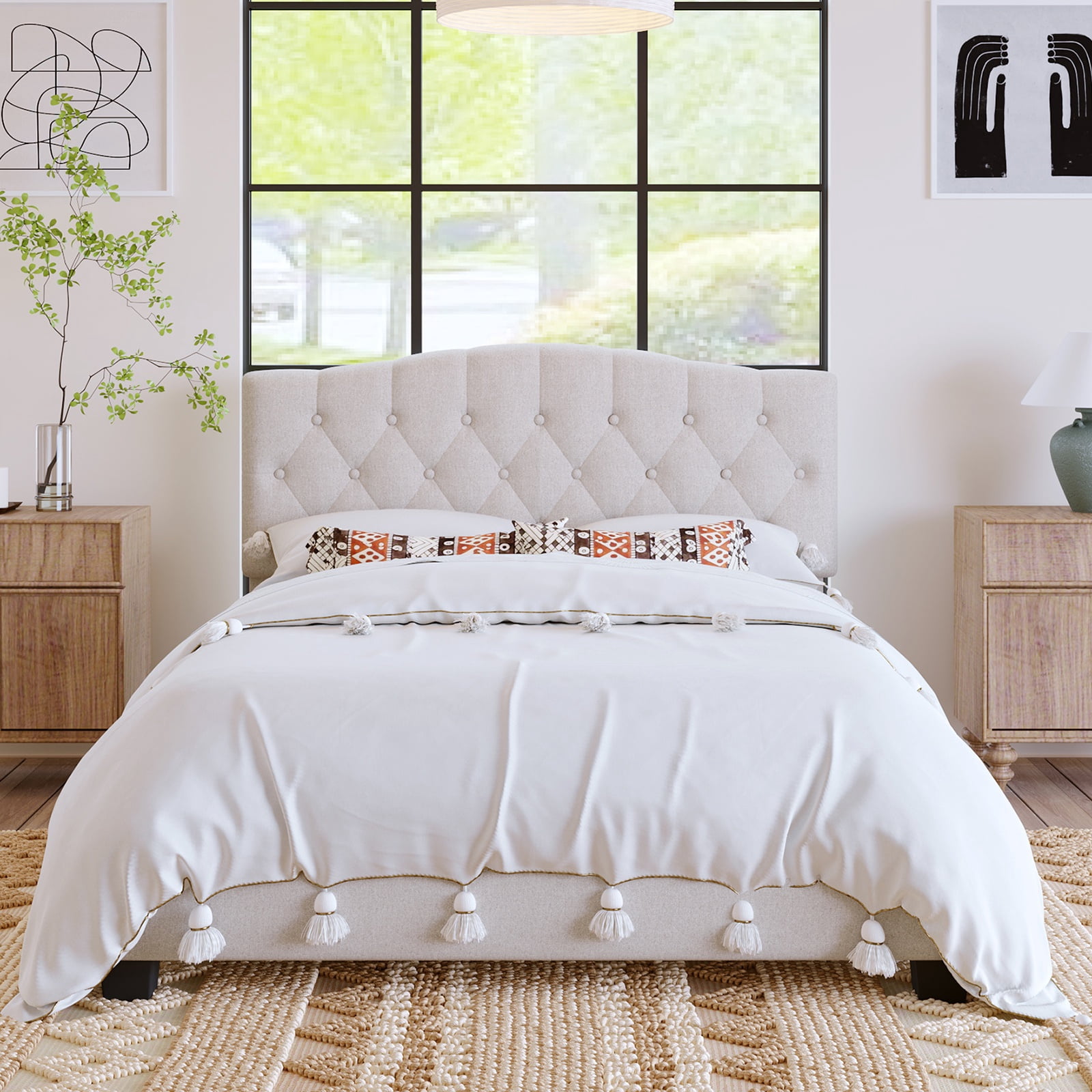 PORKISS Queen Size Linen Bed Frame with Upholstered Button Tufted Adjustable Headboard, Platform Bed with Wooden Slats Support, Holds 800lbs, Beige