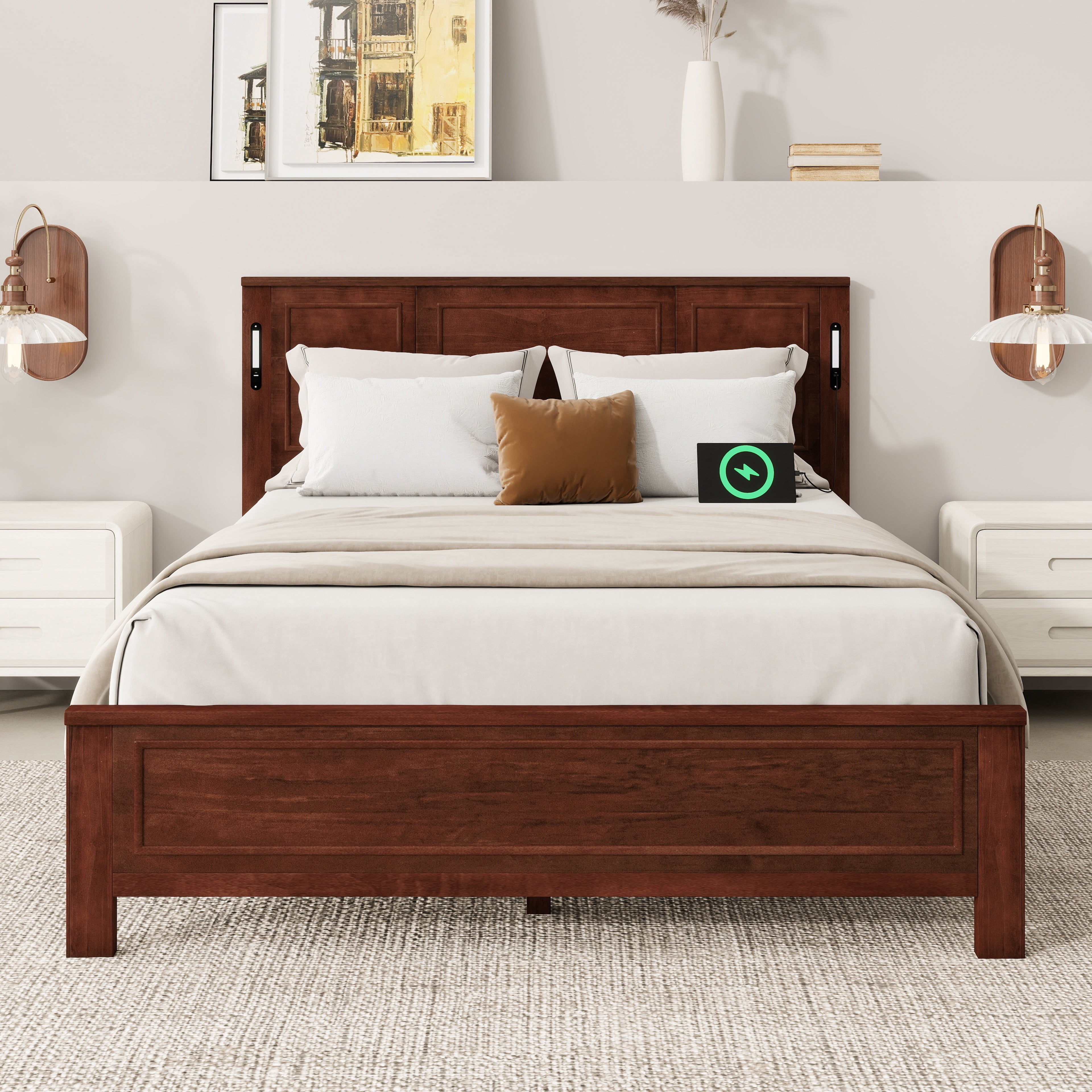 PORKISS Queen Size Platform Bed Frame with LED Lights, USB Charging Station, Solid Wood Queen Bed Frame with Headboard, Wooden Slat Support for Bedroom, Walnut
