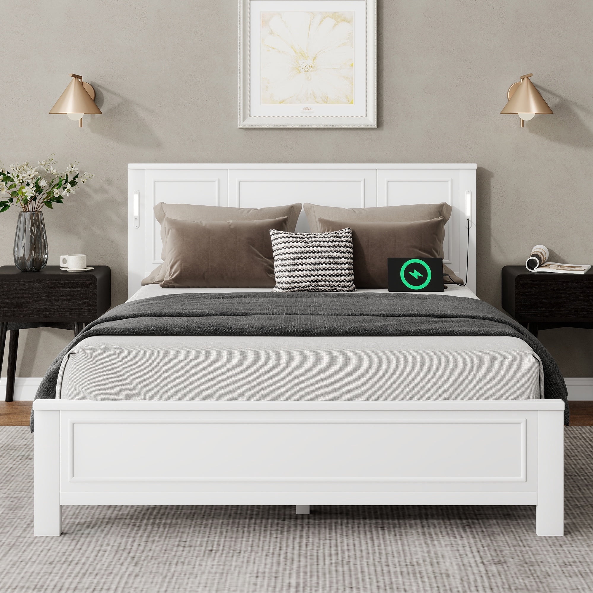 PORKISS Queen Size Platform Bed Frame with LED Lights, USB Charging Station, Solid Wood Queen Bed Frame with Headboard, Wooden Slat Support for Bedroom, White