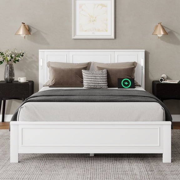 PORKISS Queen Size Platform Bed Frame with LED Lights, USB Charging Station, Solid Wood Queen Bed Frame with Headboard, Wooden Slat Support for Bedroom, White