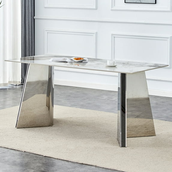 PORKISS Rectangular Dining Table for 4-6 People, Kitchen Table with Pandora Patterned Sintered Stone Top and Silver Stainless Steel Butterfly Legs, Scratch and Heat Resistant, White+Silver #2