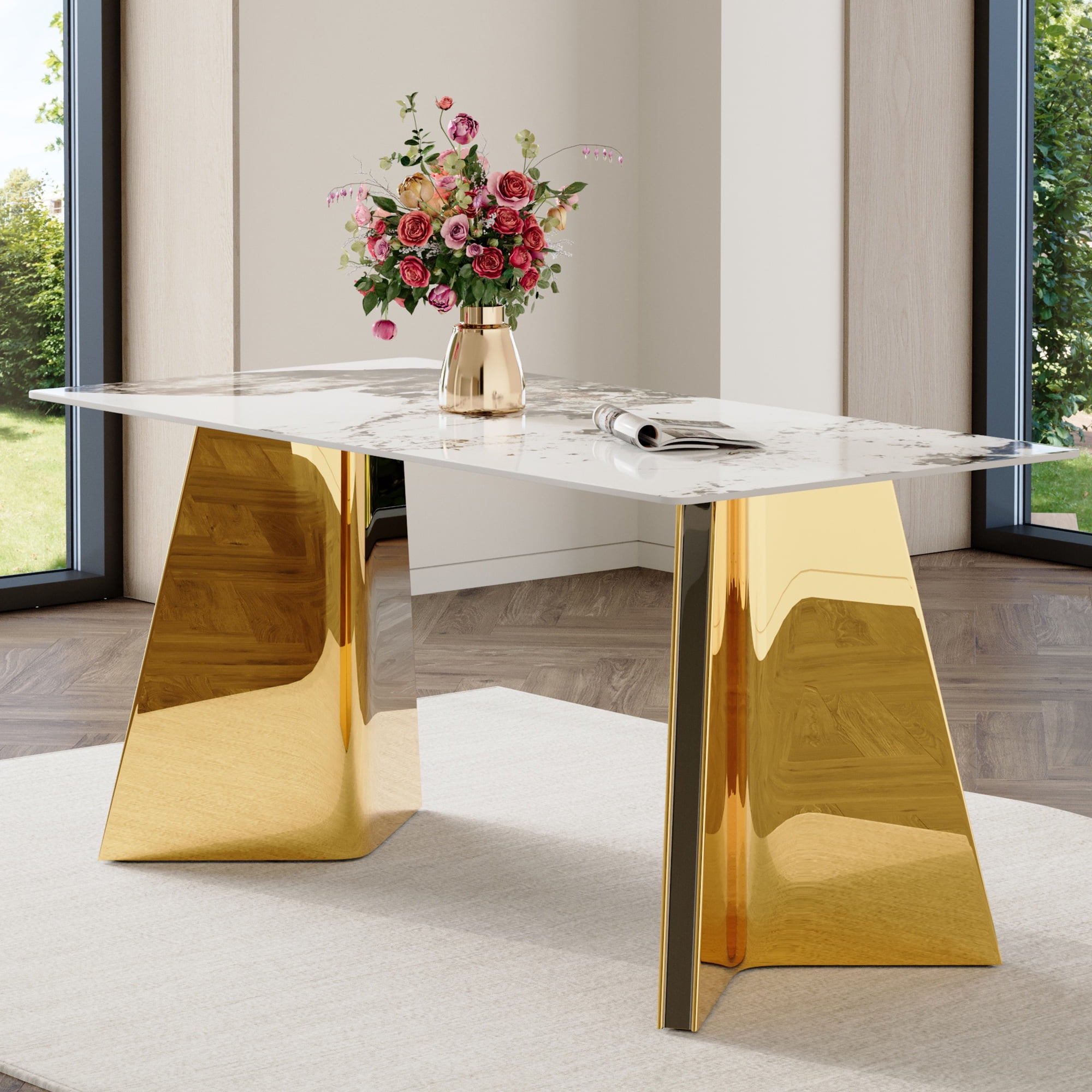PORKISS Rectangular Dining Table for 4-6 People, Kitchen Table with Pandora Patterned Sintered Stone Top and Golden Stainless Steel Butterfly Legs, Scratch and Heat Resistant, White+Gold #1