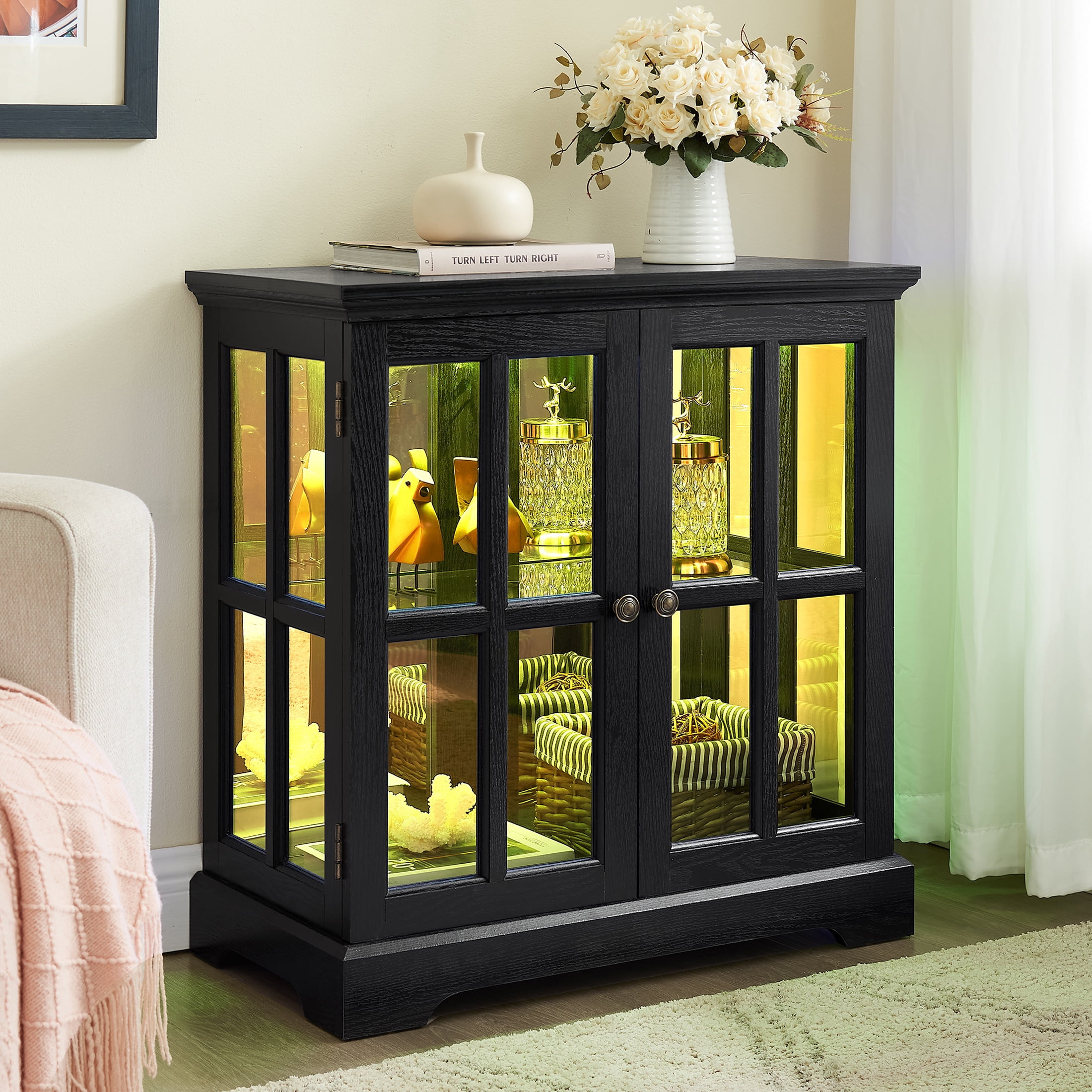 PORKISS Retro Display Cabinet with Glass, Showcase Bookcase Storage Cabinet with Adjustable Shelves, Curio Cabinet with LED Lights, Black
