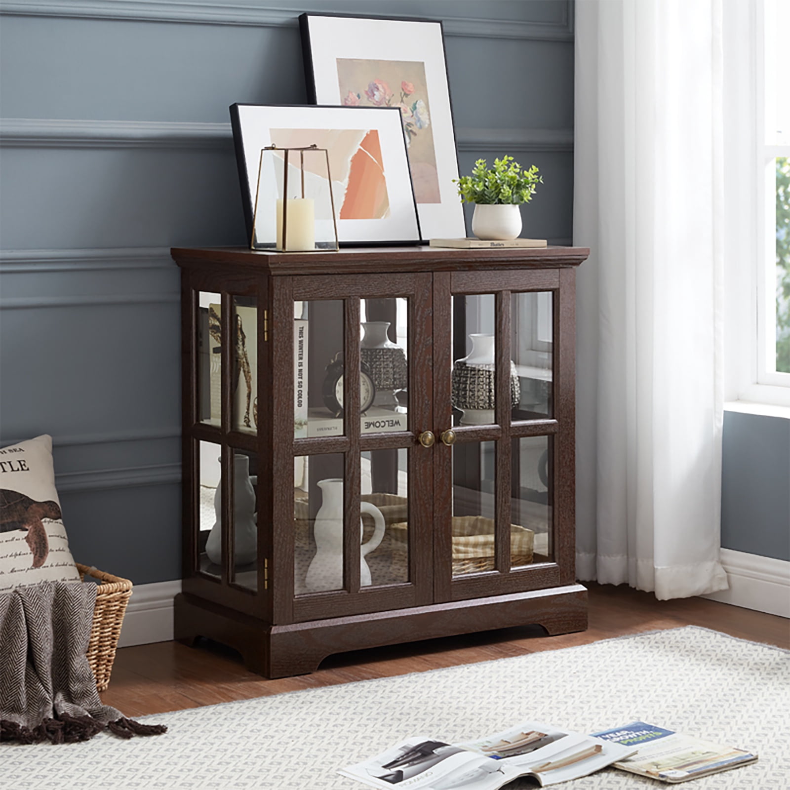 PORKISS Retro Display Cabinet with Glass, Showcase Bookcase Storage Cabinet with Adjustable Shelves, Curio Cabinet with LED Lights, Cherry