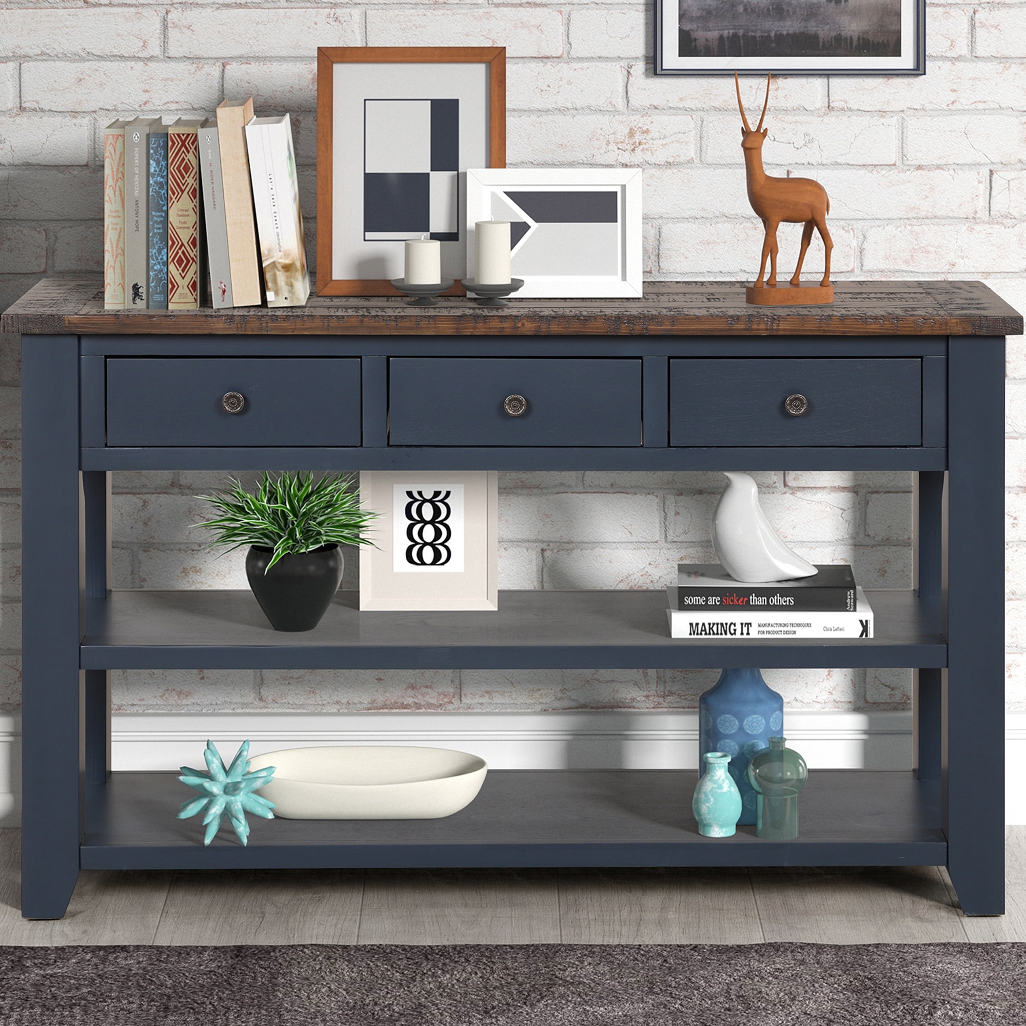 PORKISS Retro Solid Wood Console Table, Entryway Table Hallway Table with 3 Drawers 2 Shelves, Sofa Table for Living Room, Foyer, Blue