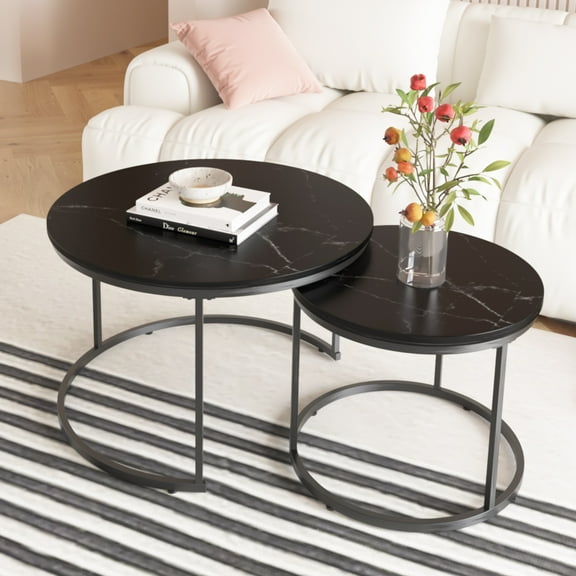PORKISS Round Coffee Table Set of 2, 27.56" Nesting Center Tables for Living Room, 2-Piece Side Tables with Metal Frame for Living Room Home Office, Black