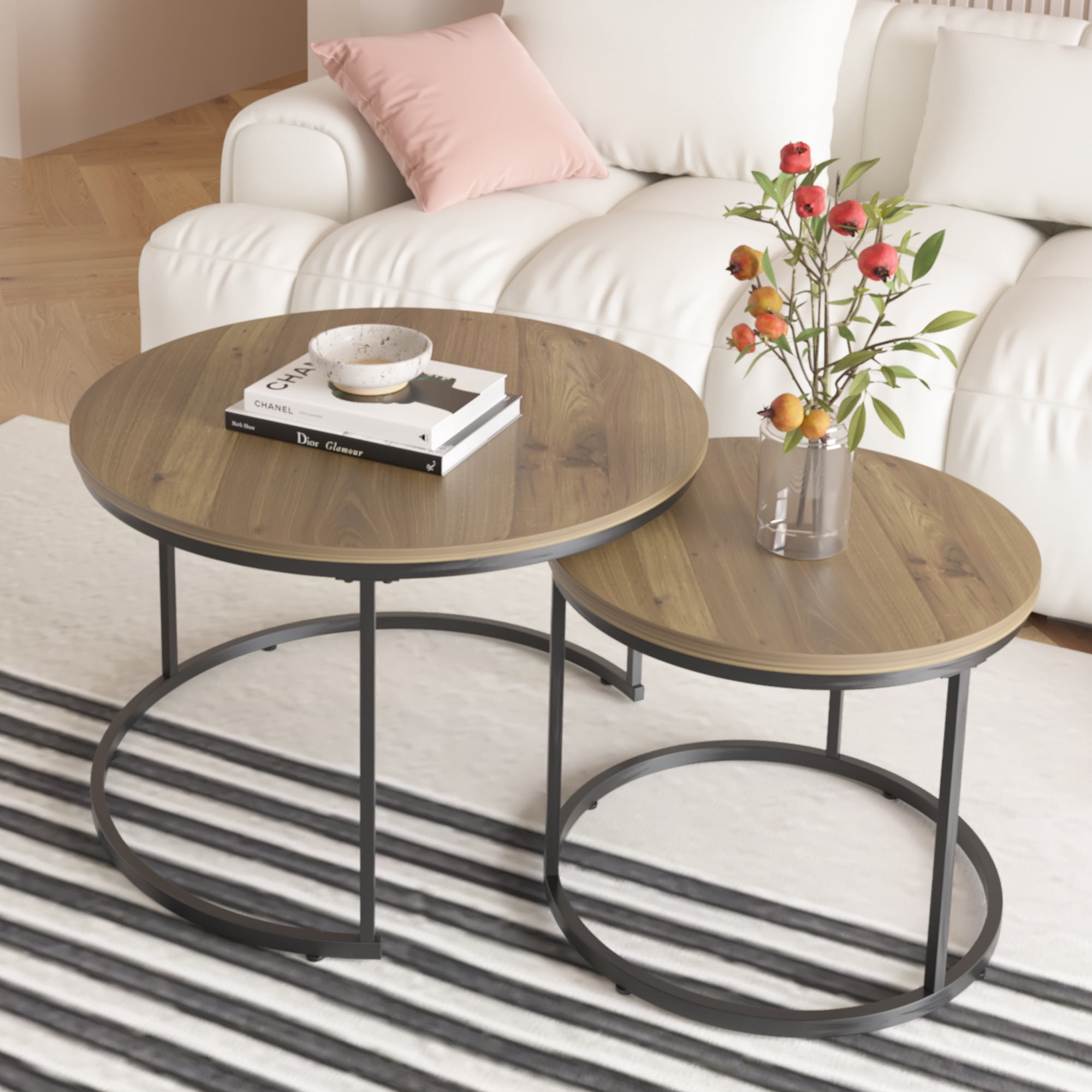 PORKISS Round Coffee Table Set of 2, 27.56" Nesting Center Tables for Living Room, 2-Piece Side Tables with Metal Frame for Living Room Home Office, Brown