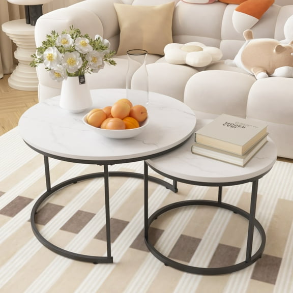 PORKISS Round Coffee Table Set of 2, 27.56" Nesting Center Tables for Living Room, 2-Piece Side Tables with Metal Frame for Living Room Home Office, White