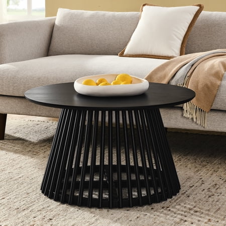 PORKISS Round Coffee Table, Solid Wood Center Table, Modern Side Table for Living Room, Home Office, Black