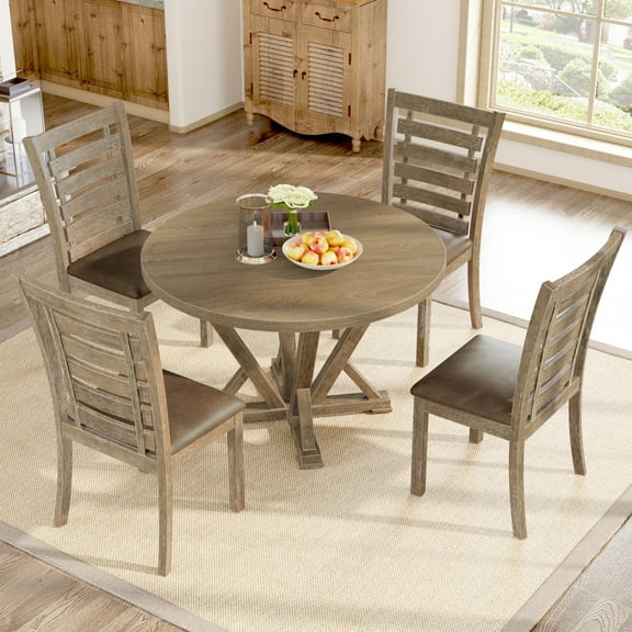PORKISS Round Dining Table Set for 4 with Upholstered Cushion 4 Chairs, Solid Wood Kitchen Table for 4 with Modern Farmhouse Look for Home Dining Room Living Room, Round Table