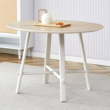 PORKISS Round Dining Table for 4 People, Wood Kitchen Dining Table with Metal Legs, Modern Dining Room Tables for Kitchen Living Room, Brown+White
