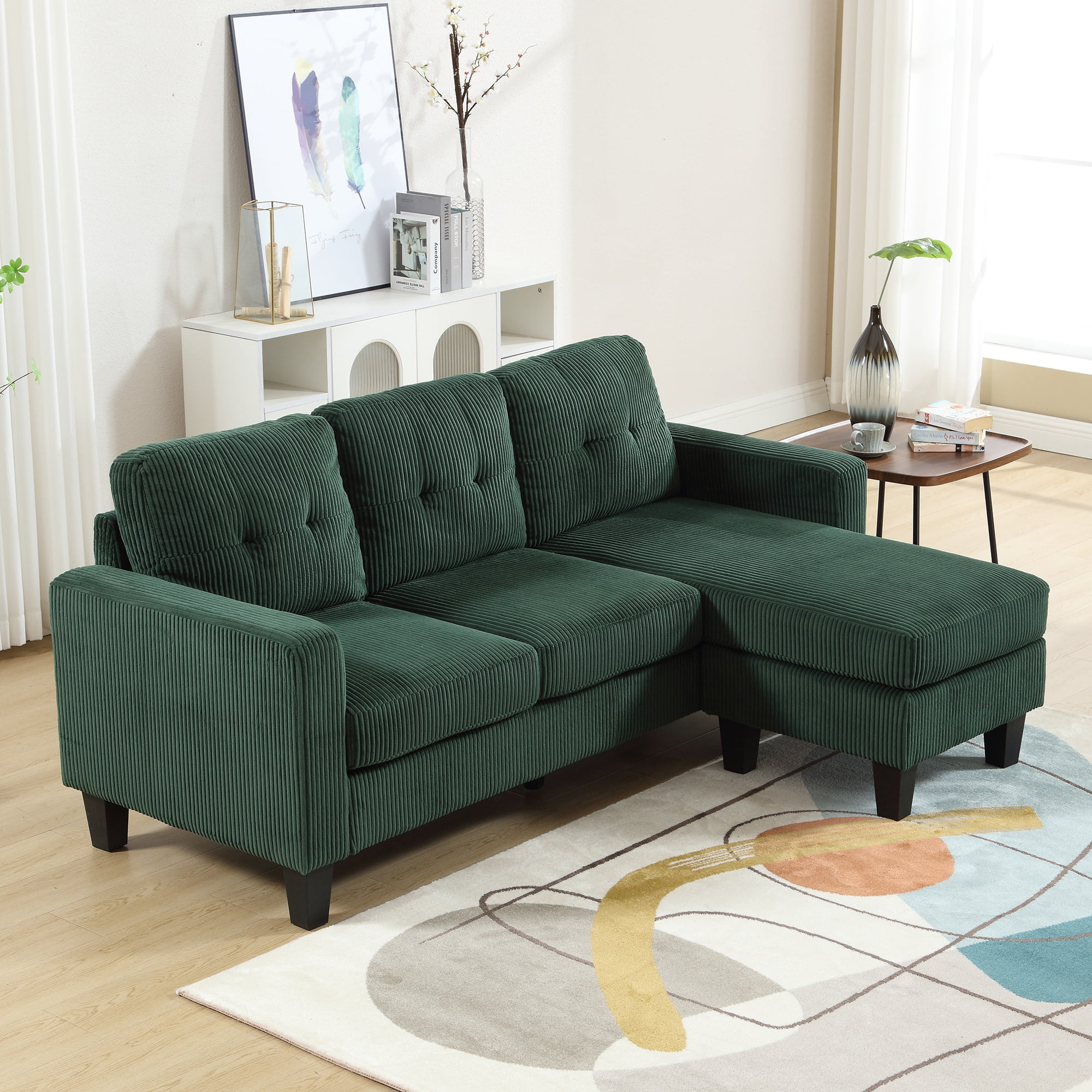 PORKISS Sectional Sofa with Ottoman, Velvet Fabric Sectional Couch, 3 Seat L Shaped Sofa for Apartment, Green