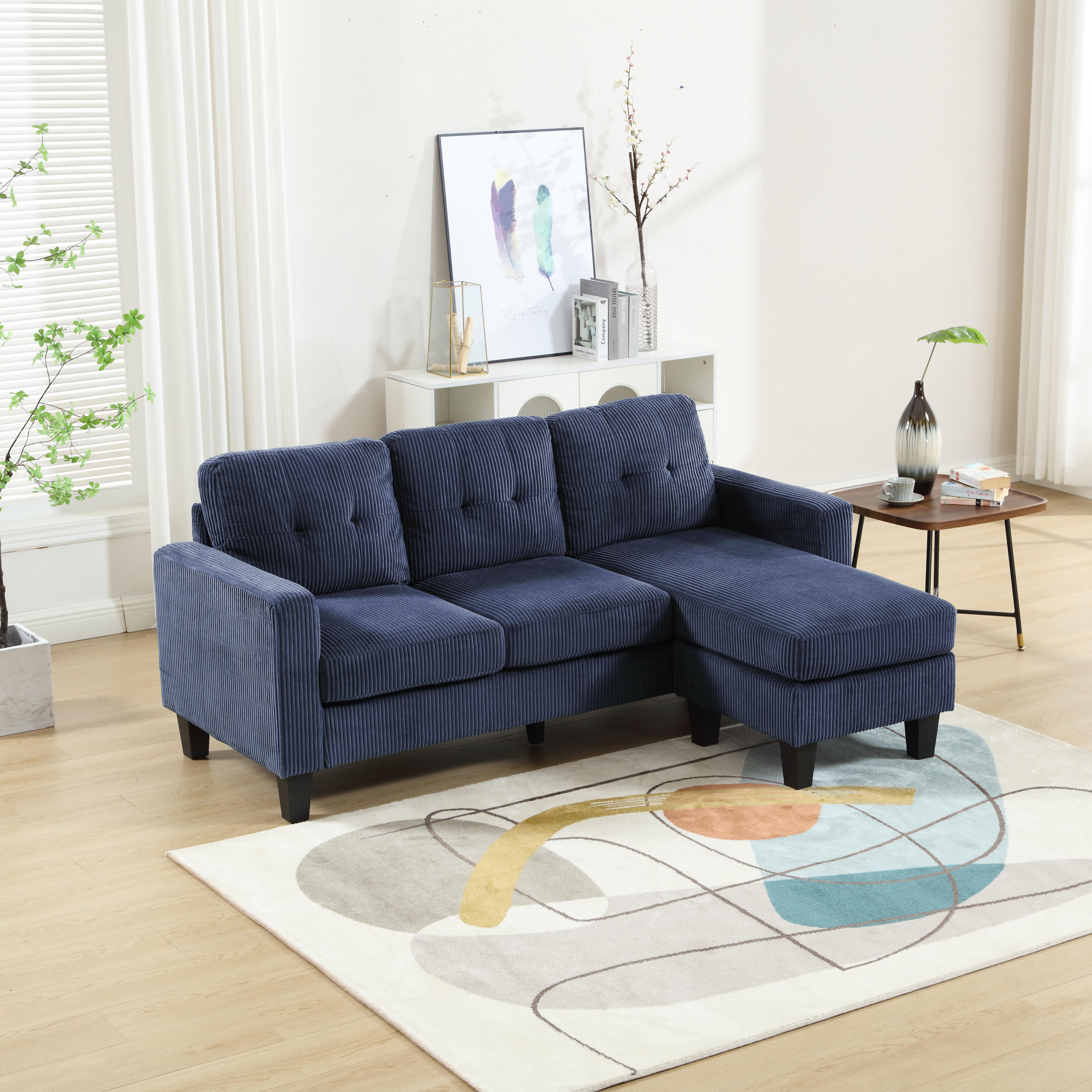 PORKISS Sectional Sofa with Ottoman, Velvet Fabric Sectional Couch, 3 Seat L Shaped Sofa for Apartment, Navy