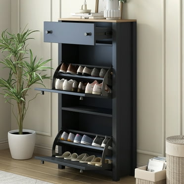 PORKISS Shoe Cabinet, Wooden Entryway Cabinet with 2 Flip Drawers, Modern Shoe Rack Cabinet with Drawer and Adjustable Panel, Freestanding Shoe Storage Cabinet for Hallway, Black