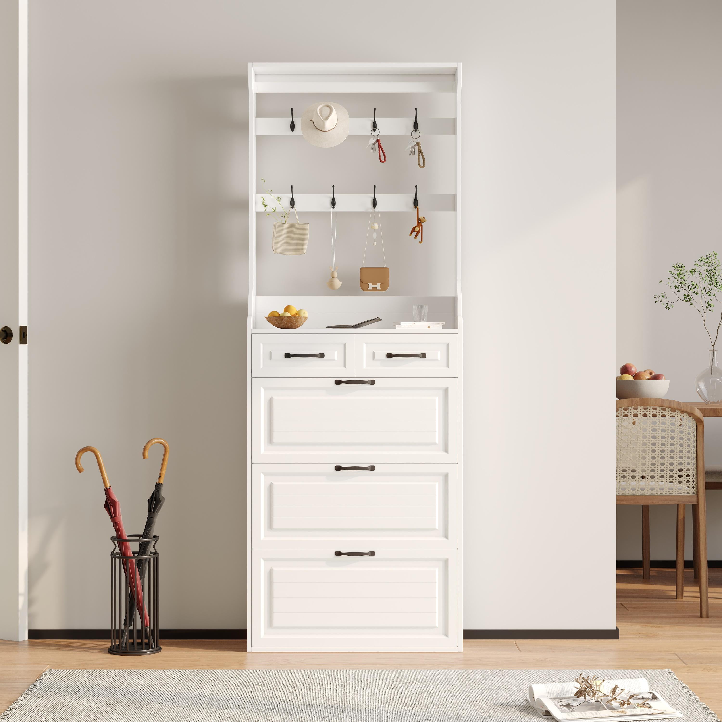 PORKISS Shoe Cabinet, Wooden Shoe Rack with 3 Doors and 2 Drawers,  Modern Tall Storage Organizer Hold to 28 Pairs Shoe for Entryway, White