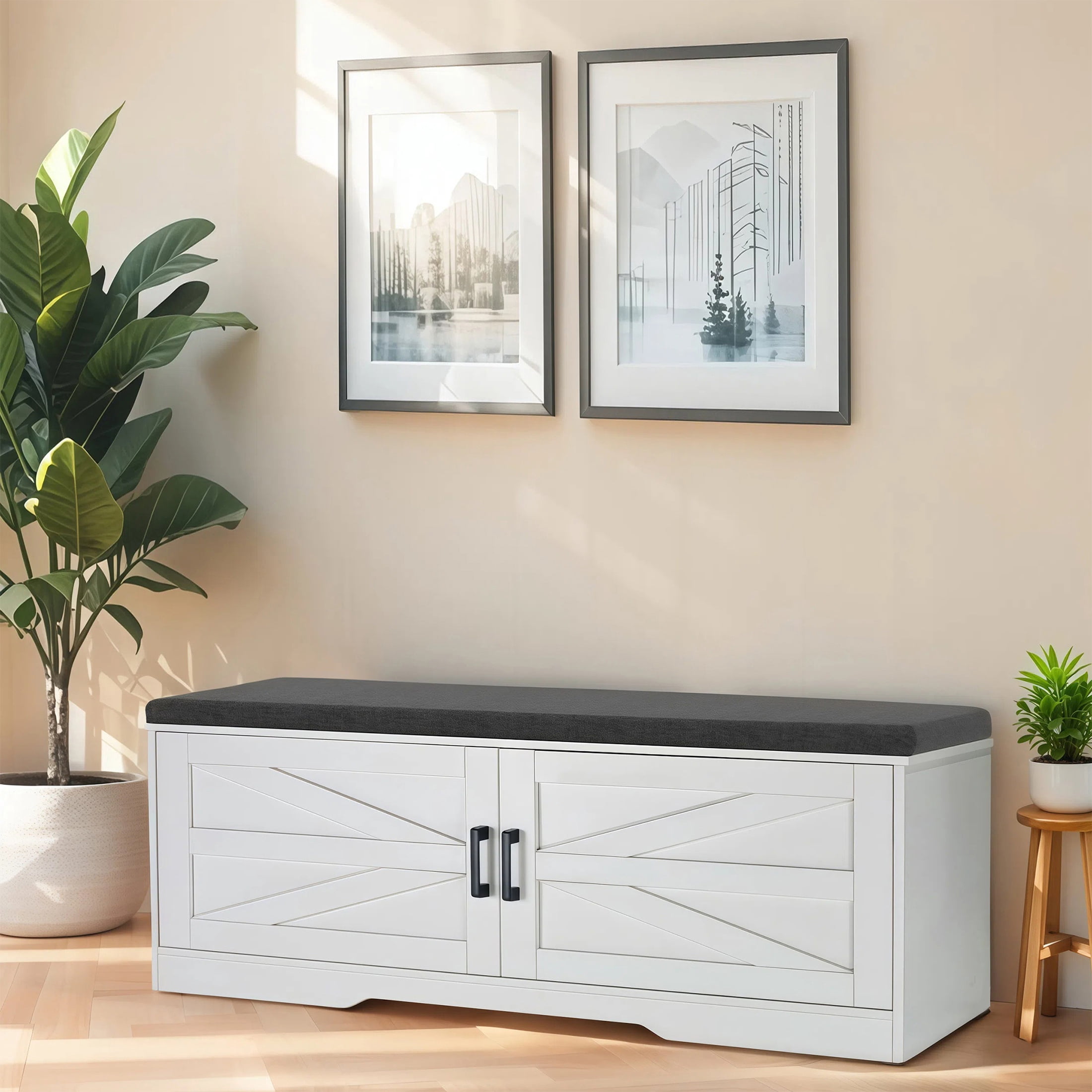 PORKISS Shoe Storage Bench with Cushion and Barn Doors for Entryway, Bedroom, Shoe Rack Bench with 2 Adjustable Shelves, White B